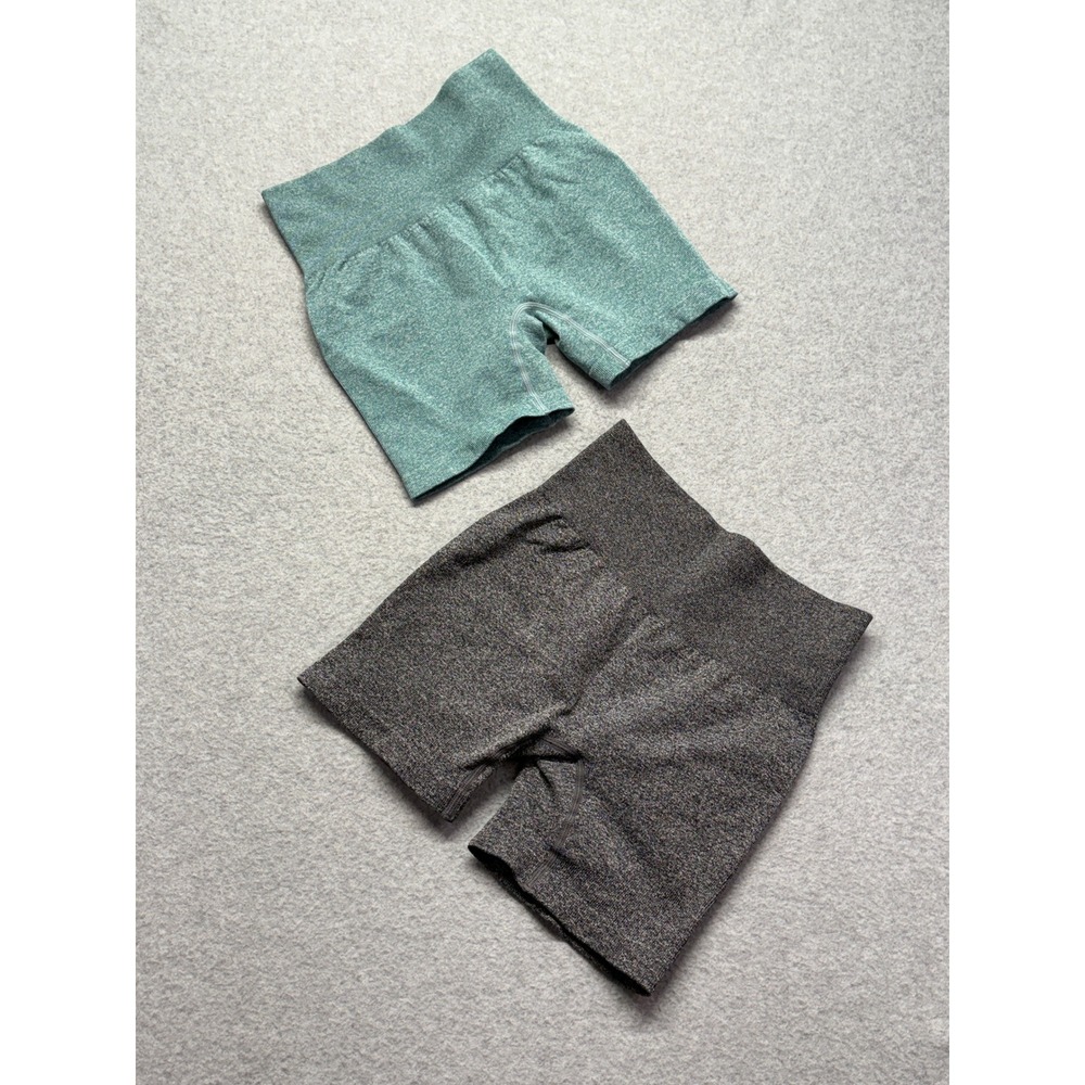 Set of 2 Seamless High Waisted Biker Shorts Teal Grey Athletic Yoga Gym S/M